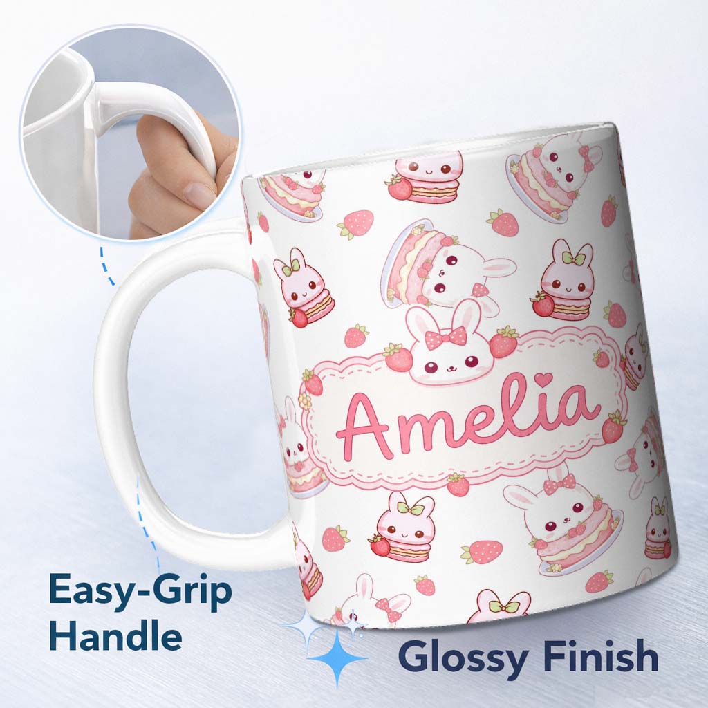 Personalized Custom Name Cute Strawberry Bunny Macaron Dessert Kawaii White Background 11oz Ceramic Coffee Tea Mug White Large Handle
