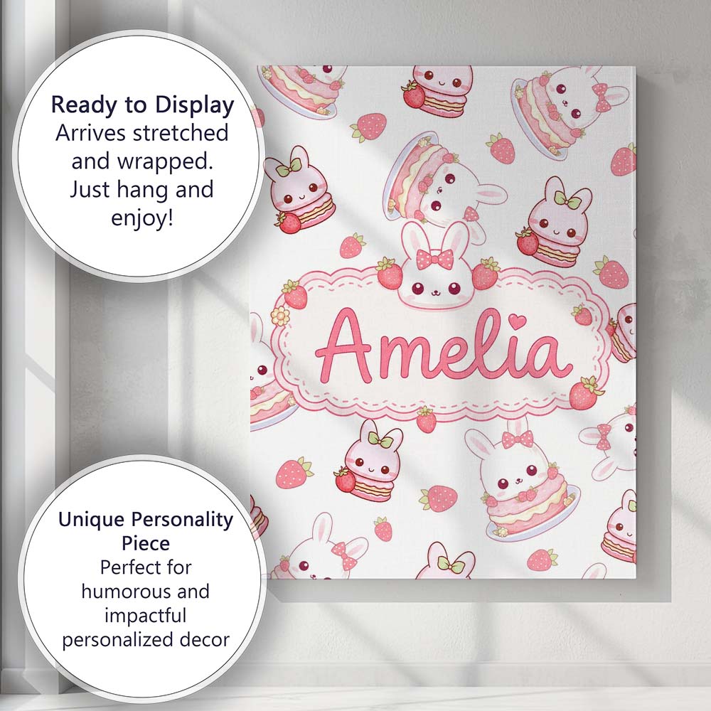 Personalised Name Cute Strawberry Bunny Custom Modern Room Accent Elegant Feature Canvas Wall Art Print Decor Picture Ready to Hang