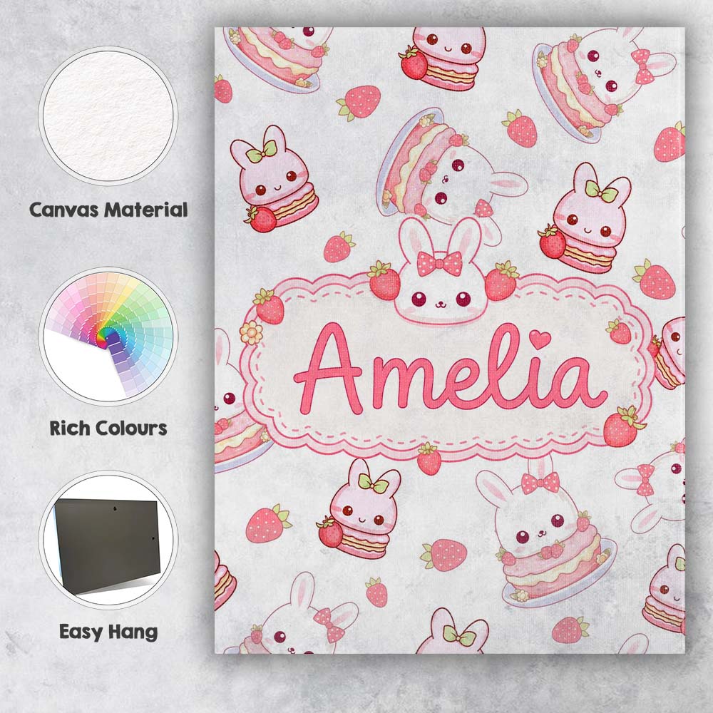 Personalised Name Cute Strawberry Bunny Custom Modern Room Accent Elegant Feature Canvas Wall Art Print Decor Picture Ready to Hang