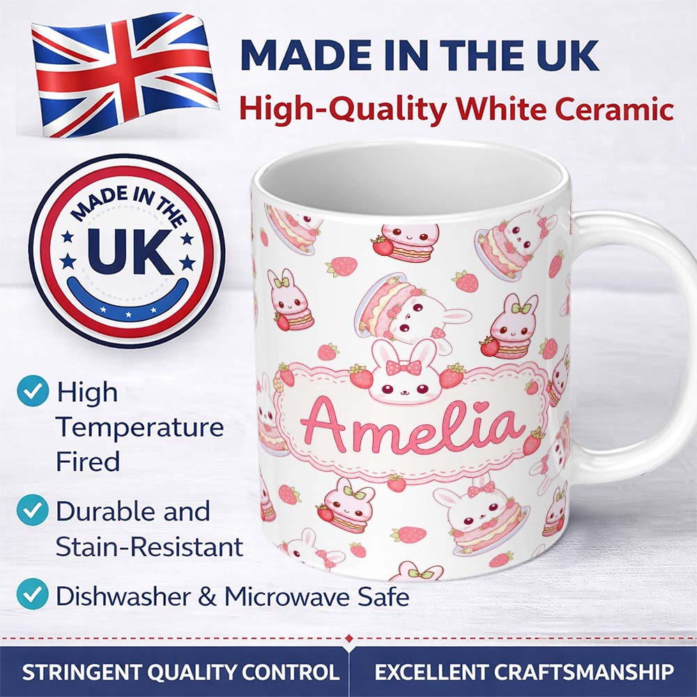 Personalized Custom Name Cute Strawberry Bunny Macaron Dessert Kawaii White Background 11oz Ceramic Coffee Tea Mug White Large Handle