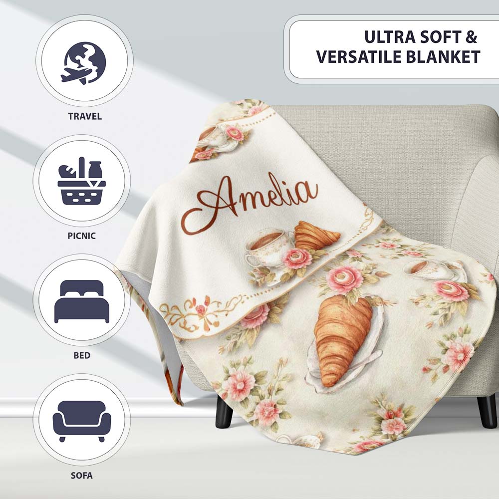 Floral Vintage Croissant Tea Cup Seamless Pattern Shabby Chic Style Personalised Custom Name Super Soft Fleece Blanket Bed Sofa Throw