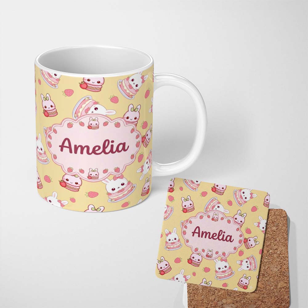 Personalized Custom Name Cute Strawberry Bunny Macaron Dessert Kawaii Yellow Background 11oz Ceramic Coffee Tea Mug White Large Handle