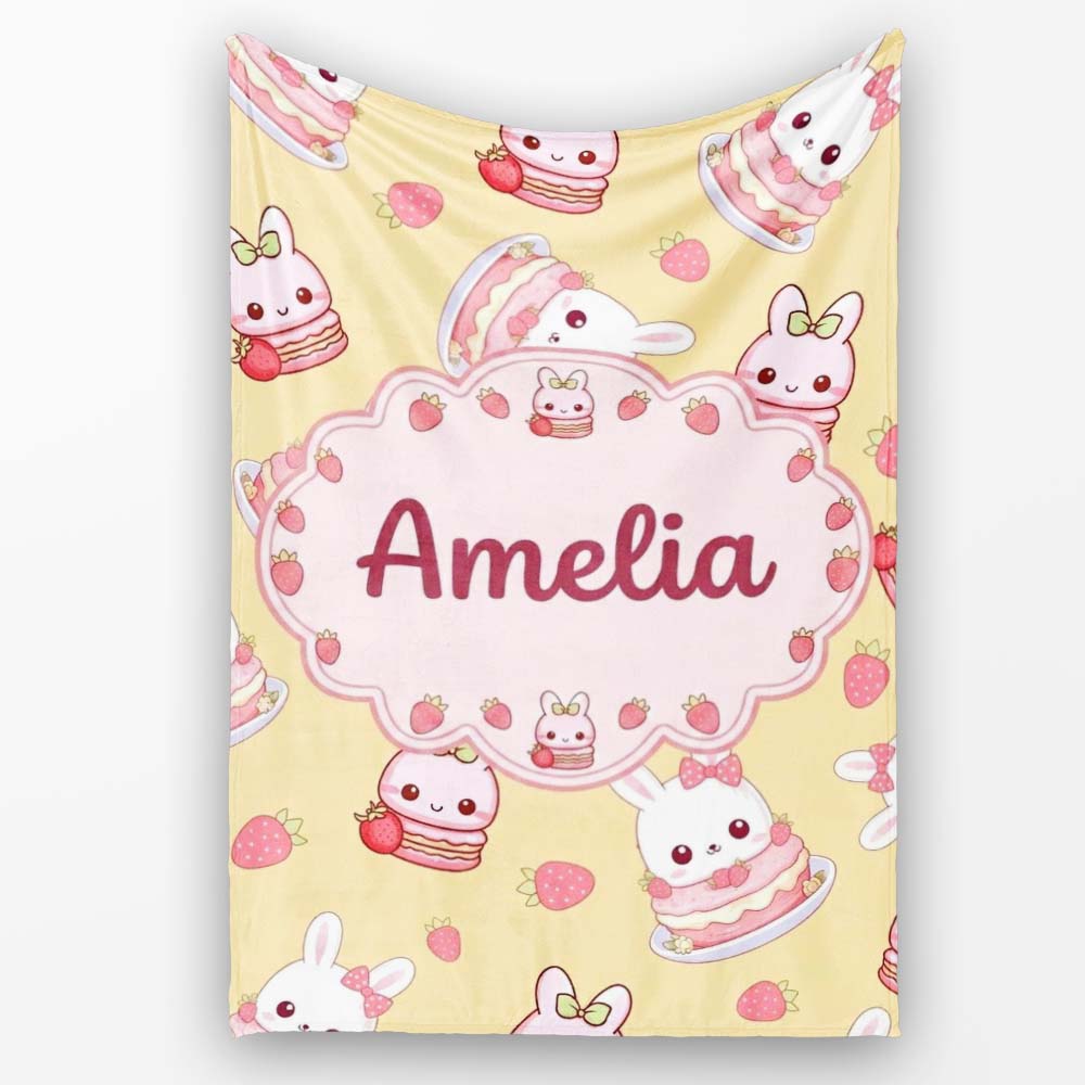 Cute Strawberry Bunny Macaron Dessert Kawaii Yellow Background Personalised Custom Name Super Soft Fleece Blanket Bed Sofa Throw