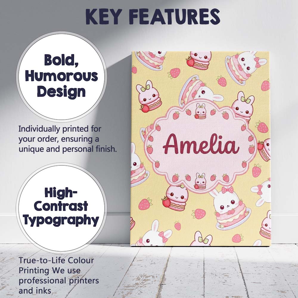 Personalised Name Cute Strawberry Bunny Custom Modern Room Accent Elegant Feature Canvas Wall Art Print Decor Picture Ready to Hang