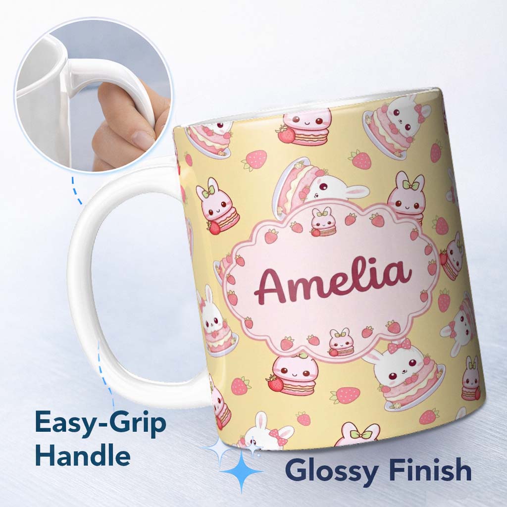 Personalized Custom Name Cute Strawberry Bunny Macaron Dessert Kawaii Yellow Background 11oz Ceramic Coffee Tea Mug White Large Handle