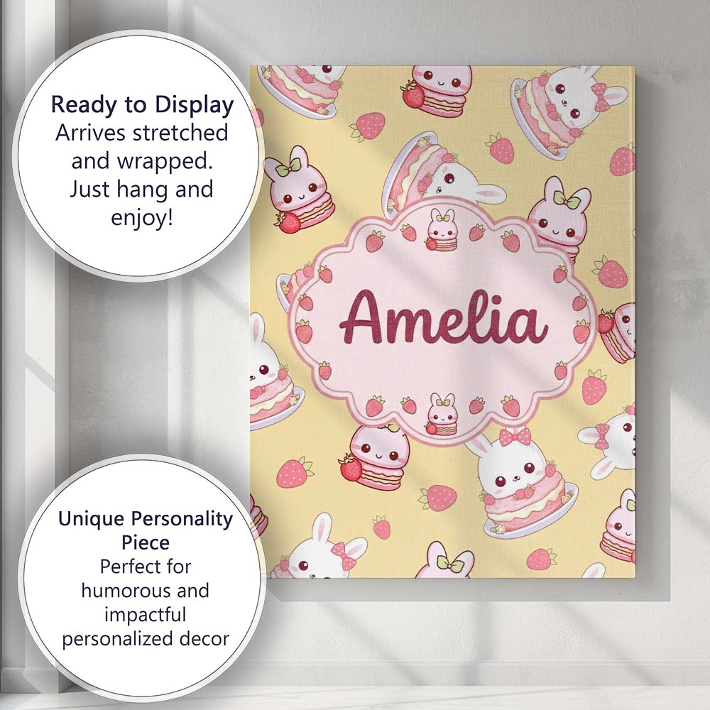 Personalised Name Cute Strawberry Bunny Custom Modern Room Accent Elegant Feature Canvas Wall Art Print Decor Picture Ready to Hang