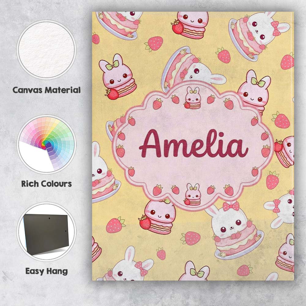 Personalised Name Cute Strawberry Bunny Custom Modern Room Accent Elegant Feature Canvas Wall Art Print Decor Picture Ready to Hang