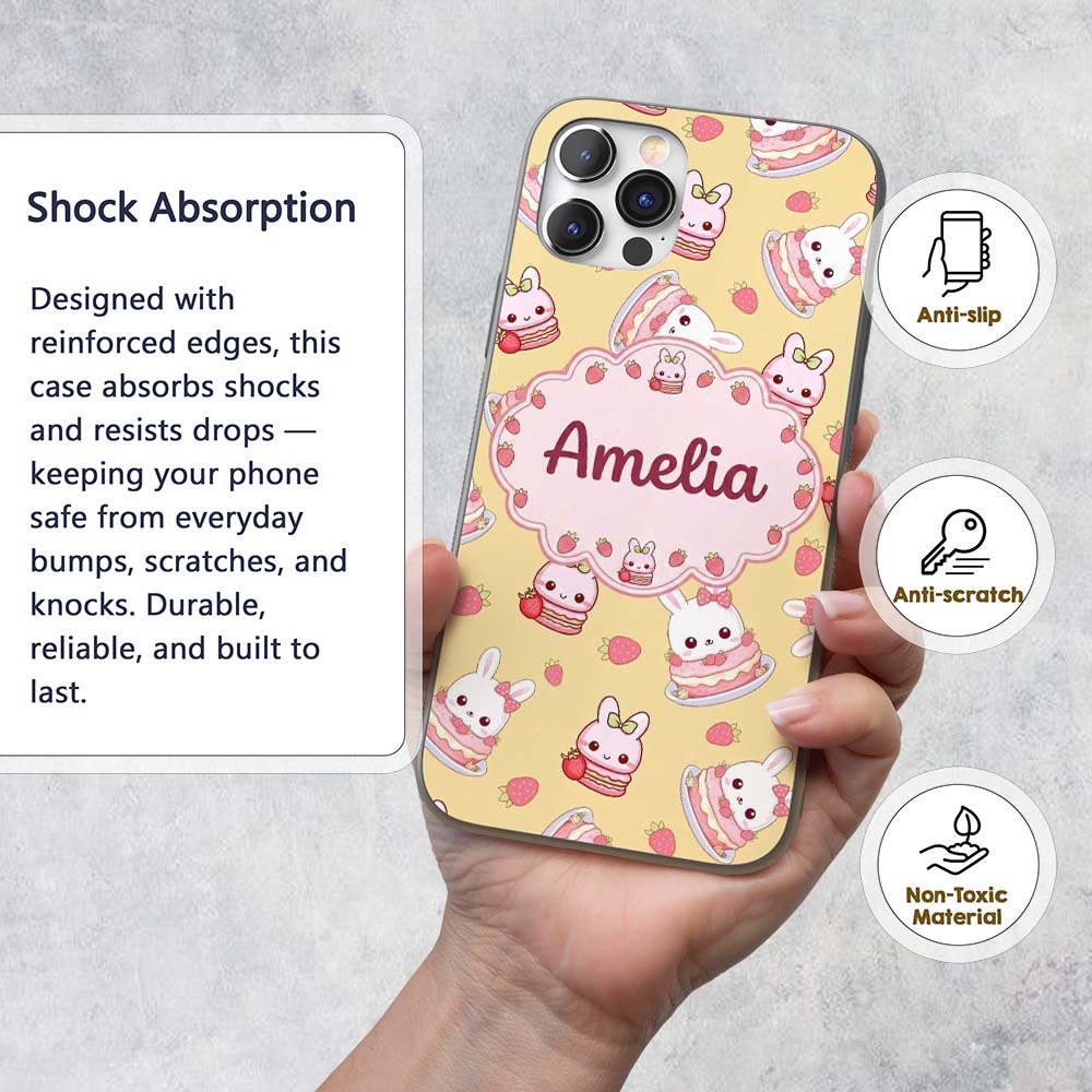 Cute Strawberry Bunny Macaron Dessert Kawaii Custom Name Protective Phone Case Mobile Cover Durable Everyday Smartphone Shock Resistant