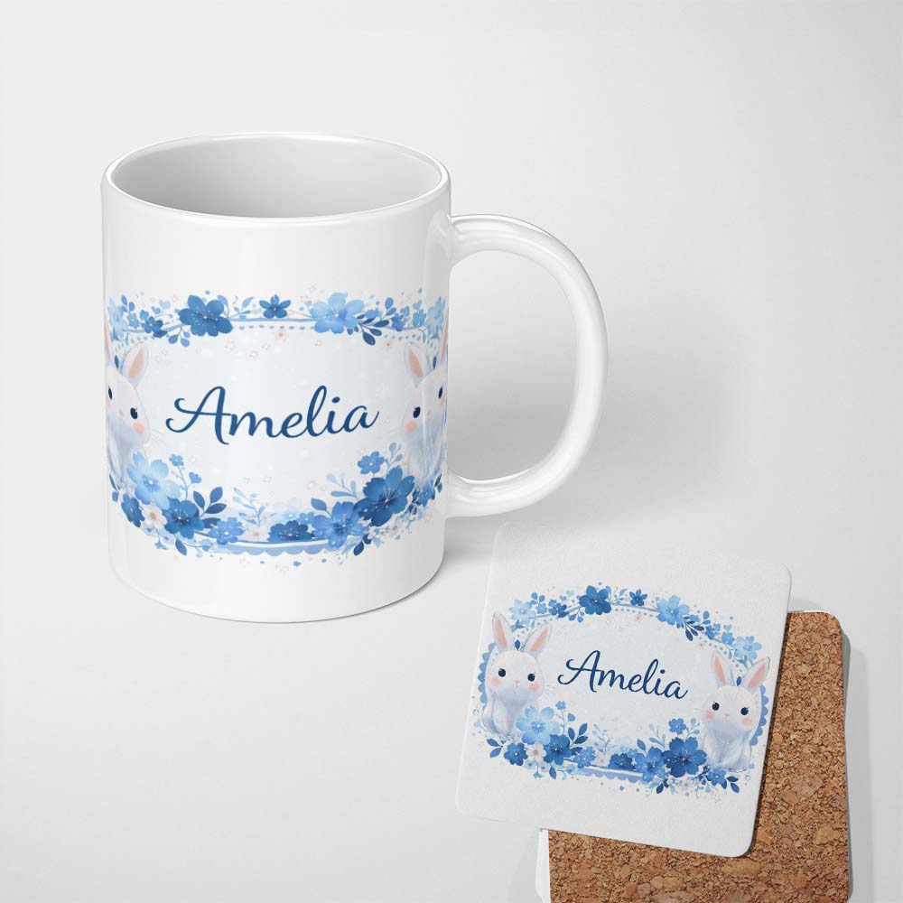 Personalized Custom Name Cute Blue Floral Bunny Illustration Seamless Pattern Lovely 11oz Ceramic Coffee Tea Mug White Large Handle
