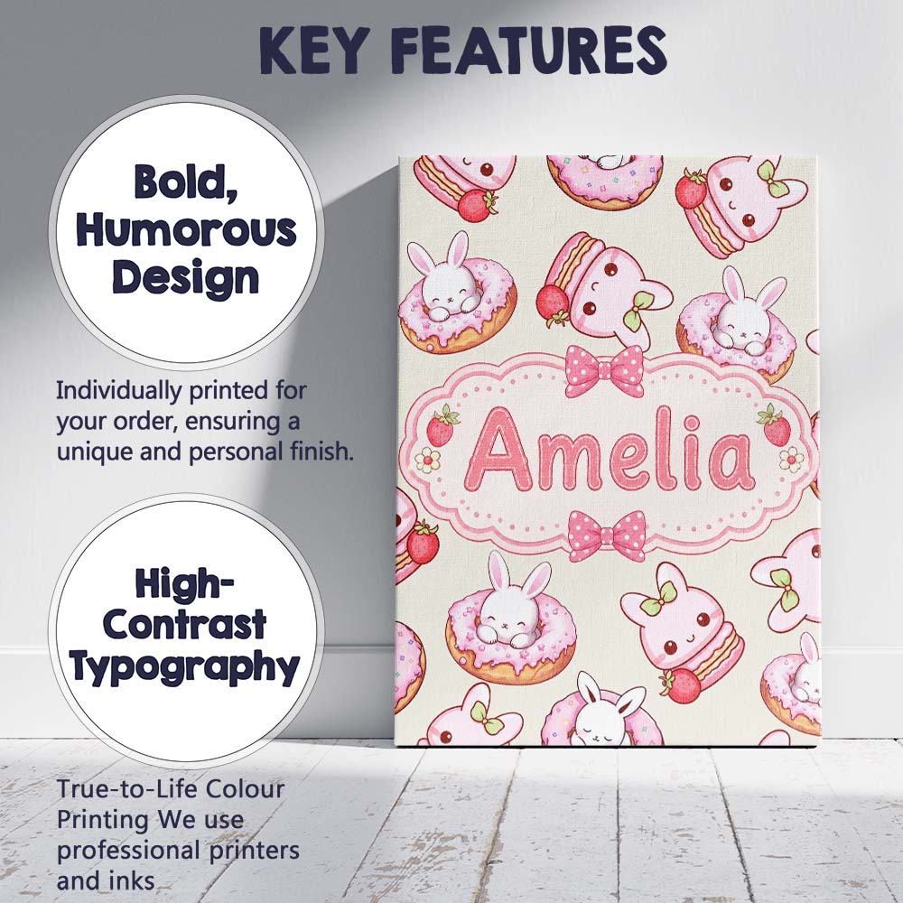 Personalised Name Cute Bunny Donut Strawberry Custom Unique Gift Idea Modern Room Accent Canvas Wall Art Print Decor Picture Ready to Hang
