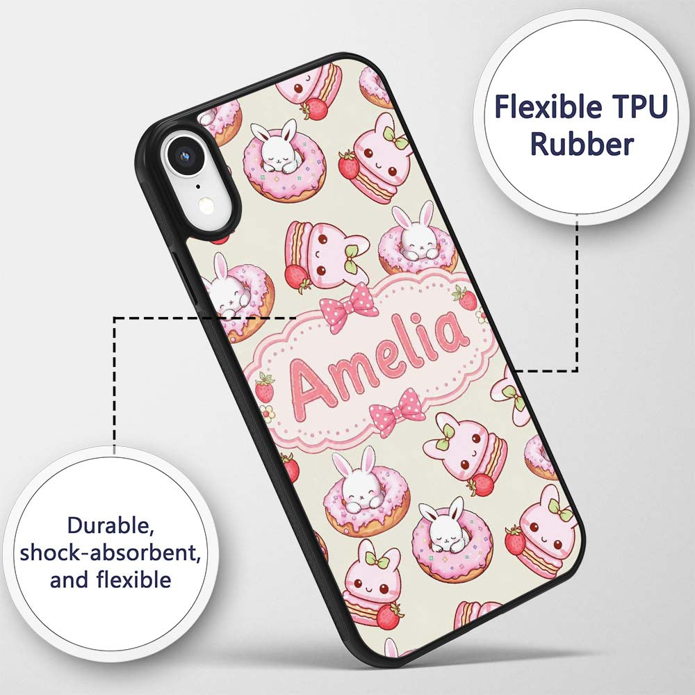 Cute Bunny Donut Strawberry Dessert Kawaii Cream Custom Name Protective Phone Case Mobile Cover Durable Everyday Smartphone Shock Resistant