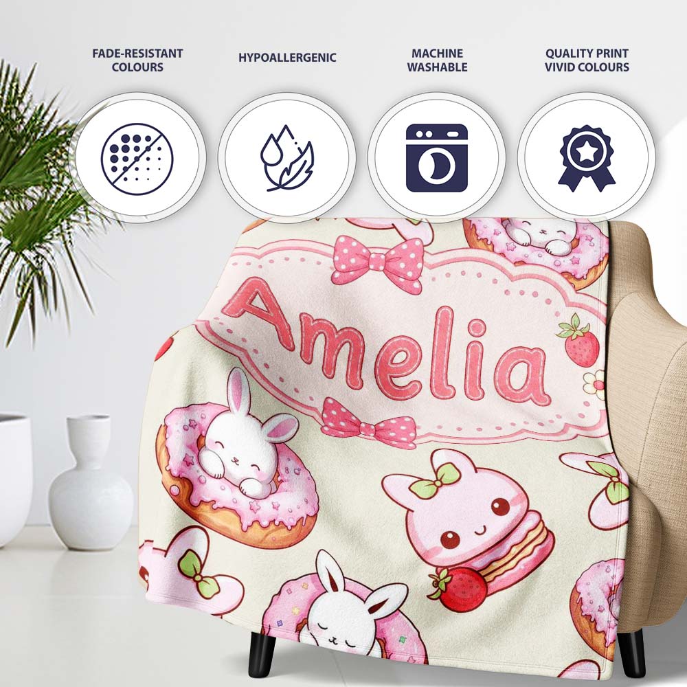 Cute Bunny Donut Strawberry Dessert Kawaii Cream Background Personalised Custom Name Super Soft Fleece Blanket Bed Sofa Throw