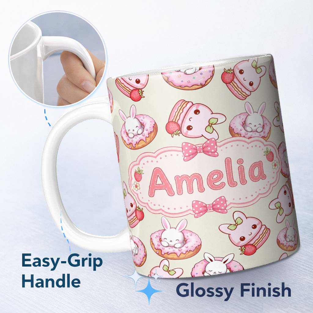 Personalized Custom Name Cute Bunny Donut Strawberry Dessert Kawaii Cream Background 11oz Ceramic Coffee Tea Mug White Large Handle