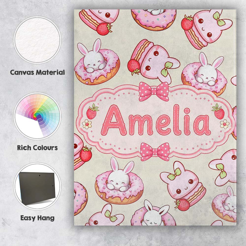 Personalised Name Cute Bunny Donut Strawberry Custom Unique Gift Idea Modern Room Accent Canvas Wall Art Print Decor Picture Ready to Hang