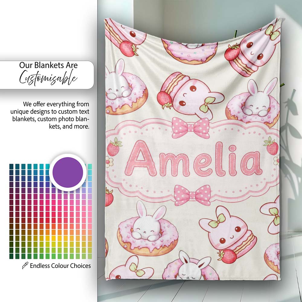 Cute Bunny Donut Strawberry Dessert Kawaii Cream Background Personalised Custom Name Super Soft Fleece Blanket Bed Sofa Throw