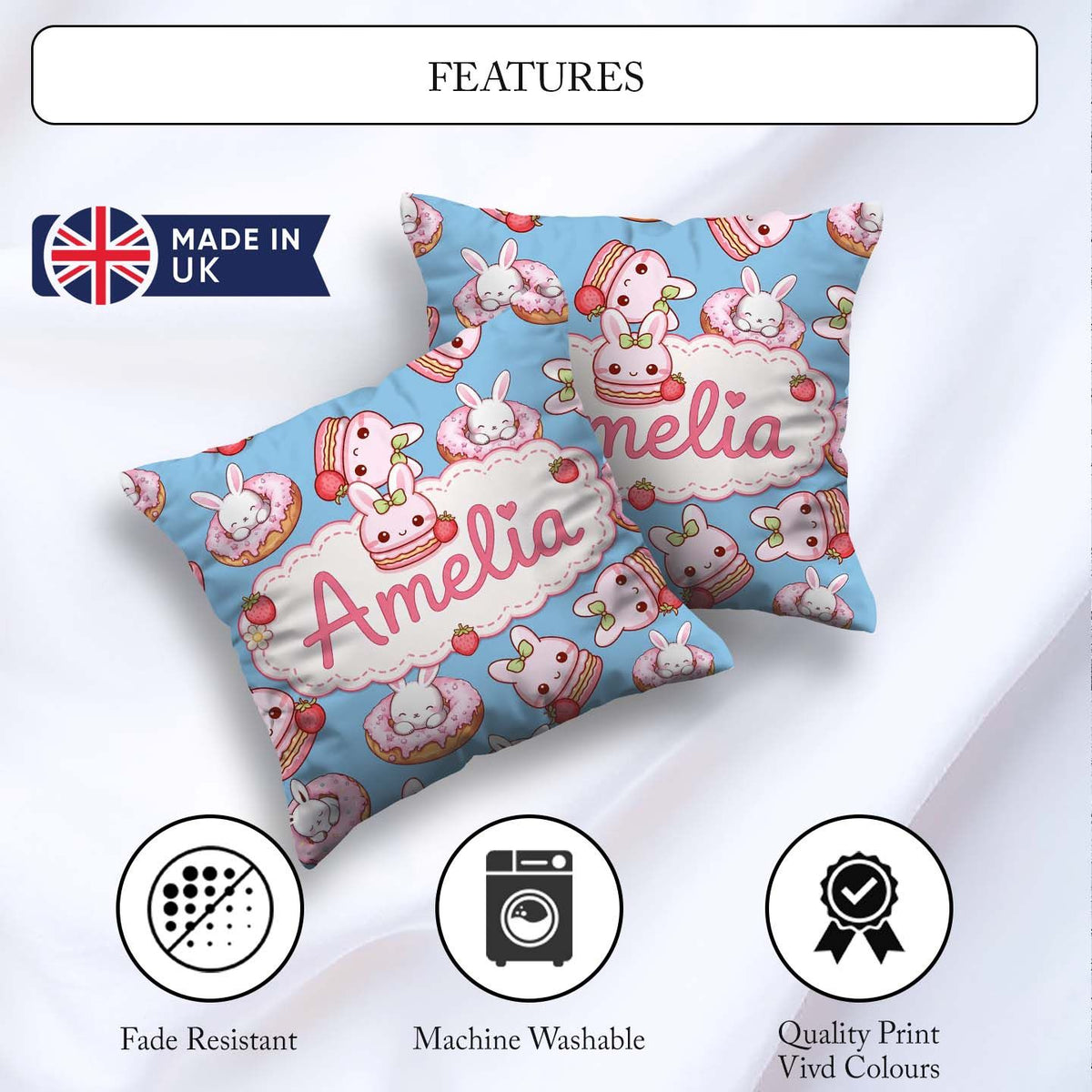 Custom Name Bunny Donut Strawberry Dessert Kawaii Blue Seamless Square Filled Cushion Throw Pillow Sofa Bed Home Decor Zip Washable UK Made