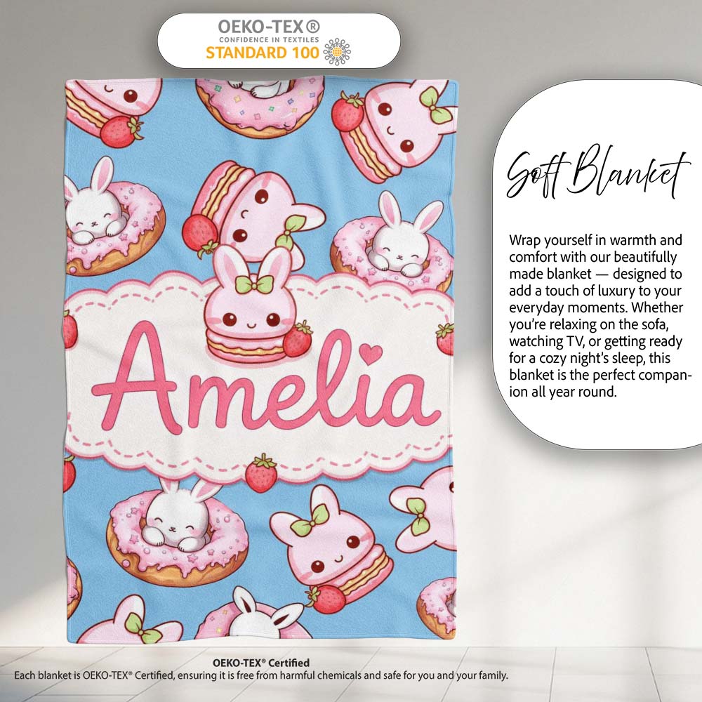 Cute Bunny Donut Strawberry Dessert Kawaii Blue Background Seamless Personalised Custom Name Super Soft Fleece Blanket Bed Sofa Throw