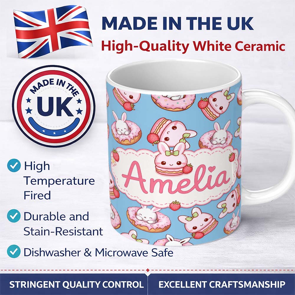 Personalized Custom Name Cute Bunny Donut Strawberry Dessert Kawaii Blue Background Seamless 11oz Ceramic Coffee Tea Mug White Large Handle