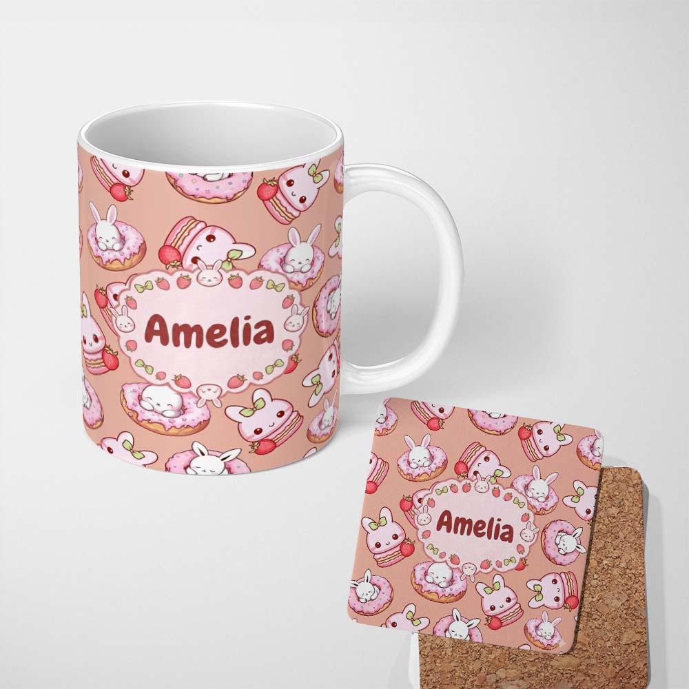 Personalized Custom Name Cute Bunny Donut Strawberry Dessert Kawaii Peach Background 11oz Ceramic Coffee Tea Mug White Large Handle