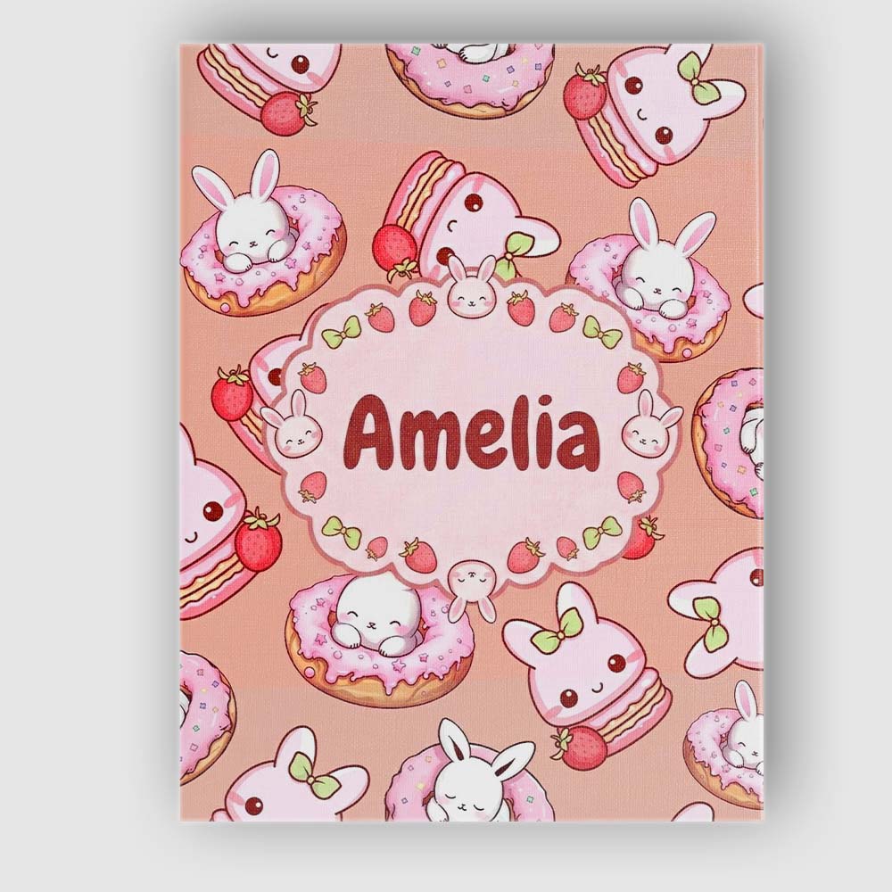 Personalised Name Cute Bunny Donut Strawberry Custom Unique Gift Idea Modern Room Accent Canvas Wall Art Print Decor Picture Ready to Hang