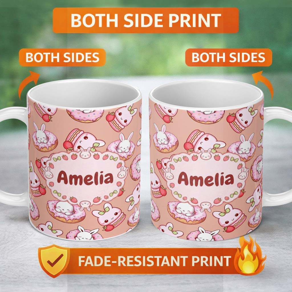 Personalized Custom Name Cute Bunny Donut Strawberry Dessert Kawaii Peach Background 11oz Ceramic Coffee Tea Mug White Large Handle