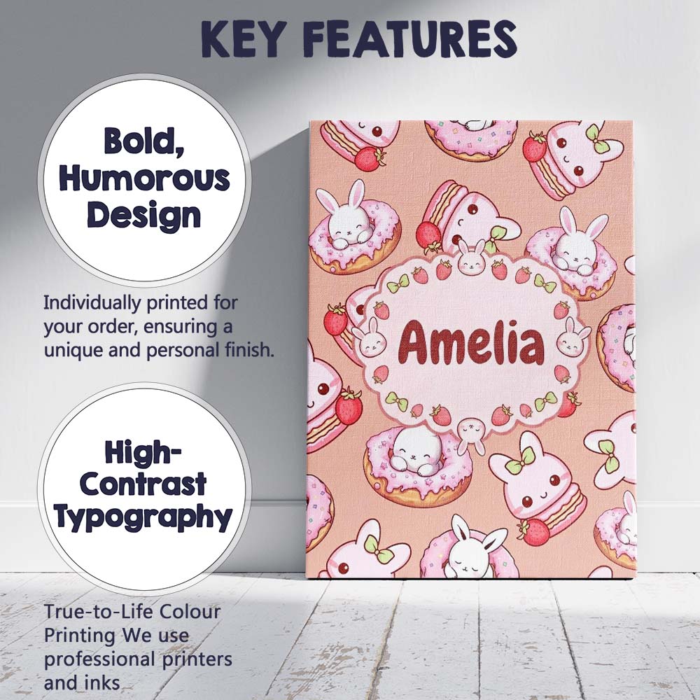 Personalised Name Cute Bunny Donut Strawberry Custom Unique Gift Idea Modern Room Accent Canvas Wall Art Print Decor Picture Ready to Hang