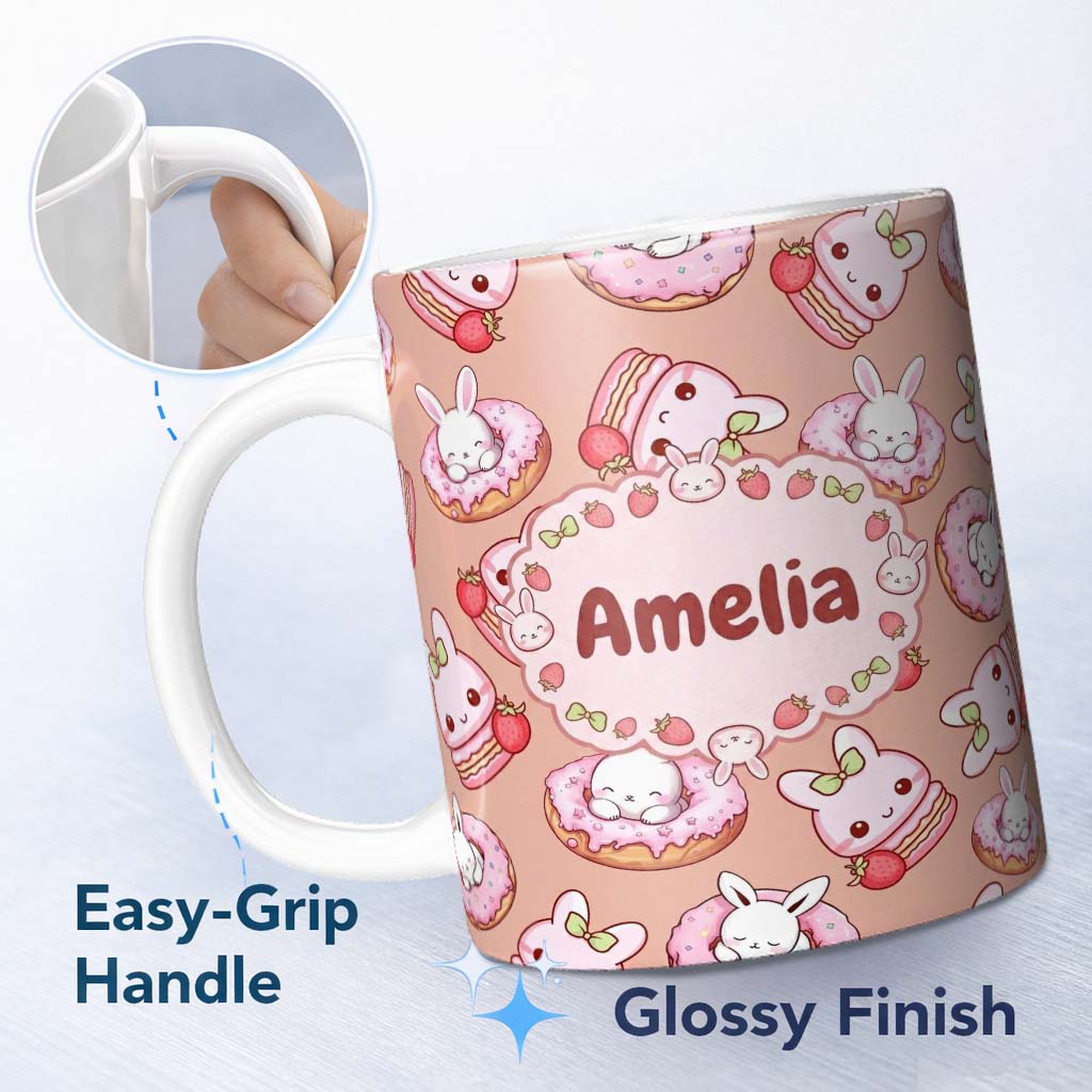 Personalized Custom Name Cute Bunny Donut Strawberry Dessert Kawaii Peach Background 11oz Ceramic Coffee Tea Mug White Large Handle