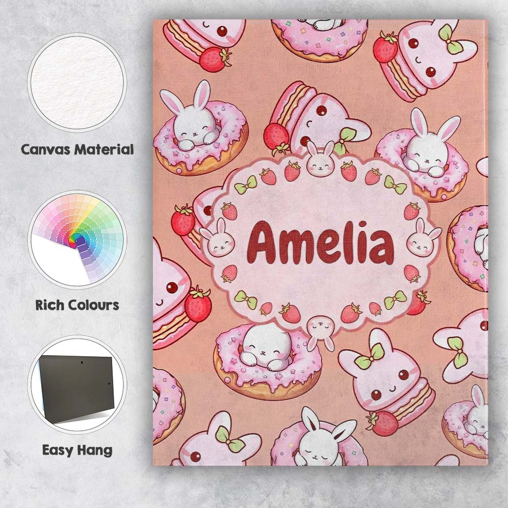 Personalised Name Cute Bunny Donut Strawberry Custom Unique Gift Idea Modern Room Accent Canvas Wall Art Print Decor Picture Ready to Hang
