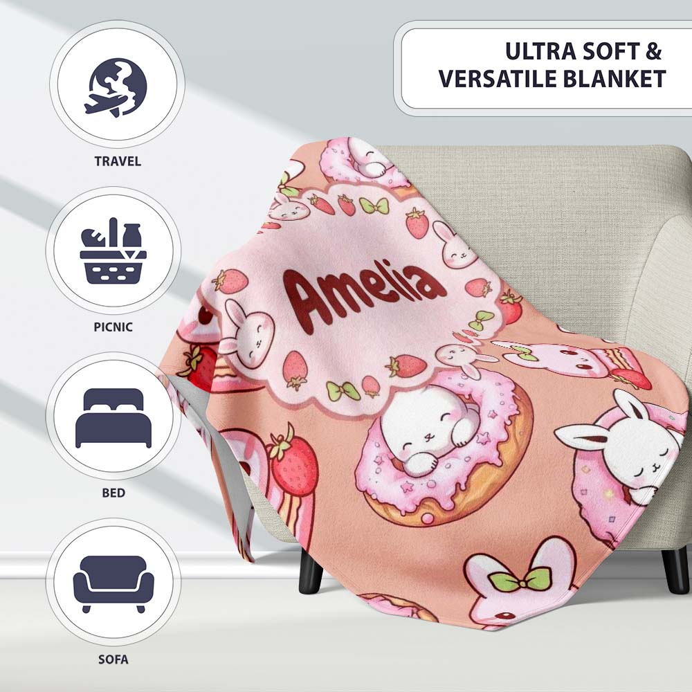 Cute Bunny Donut Strawberry Dessert Kawaii Peach Background Personalised Custom Name Super Soft Fleece Blanket Bed Sofa Throw