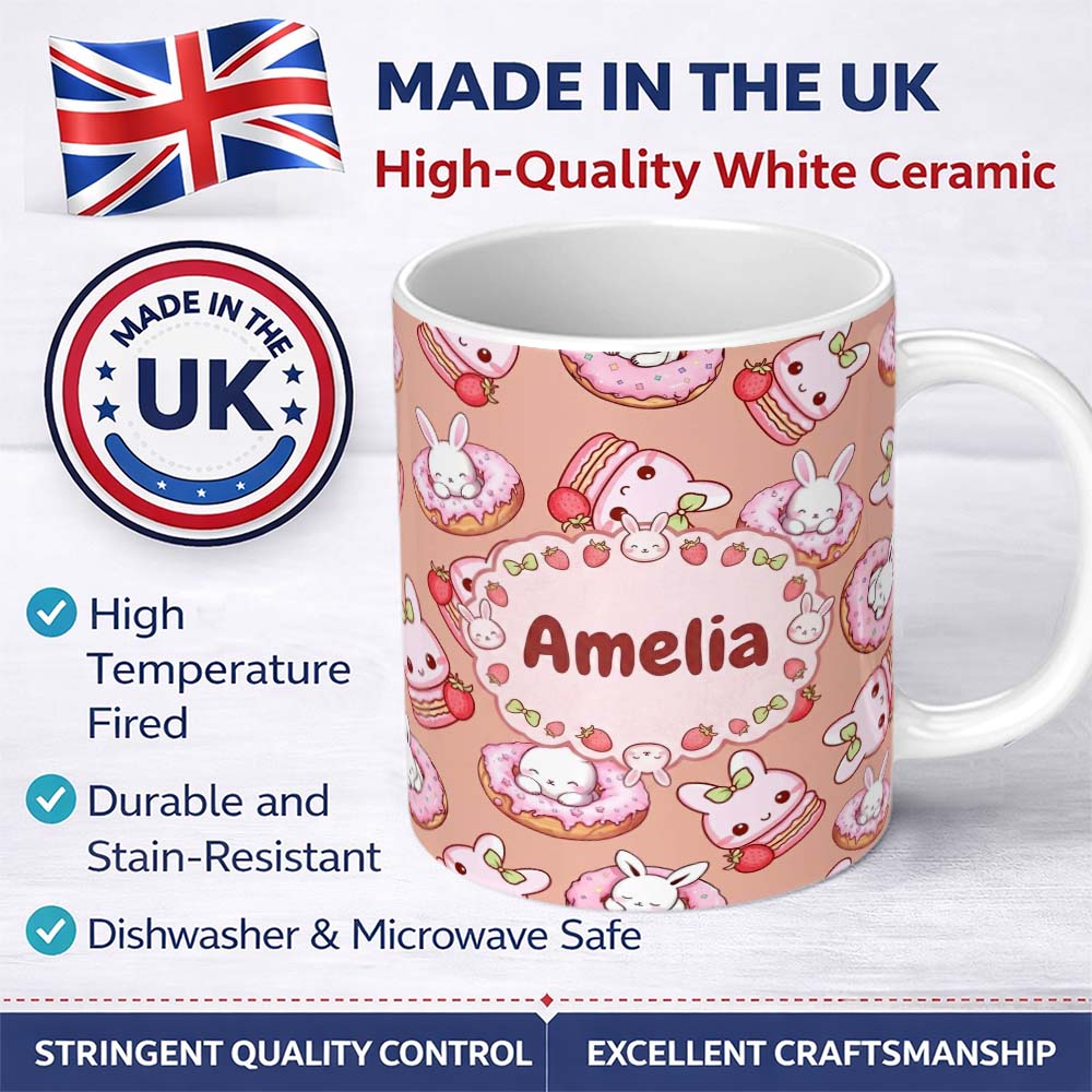 Personalized Custom Name Cute Bunny Donut Strawberry Dessert Kawaii Peach Background 11oz Ceramic Coffee Tea Mug White Large Handle