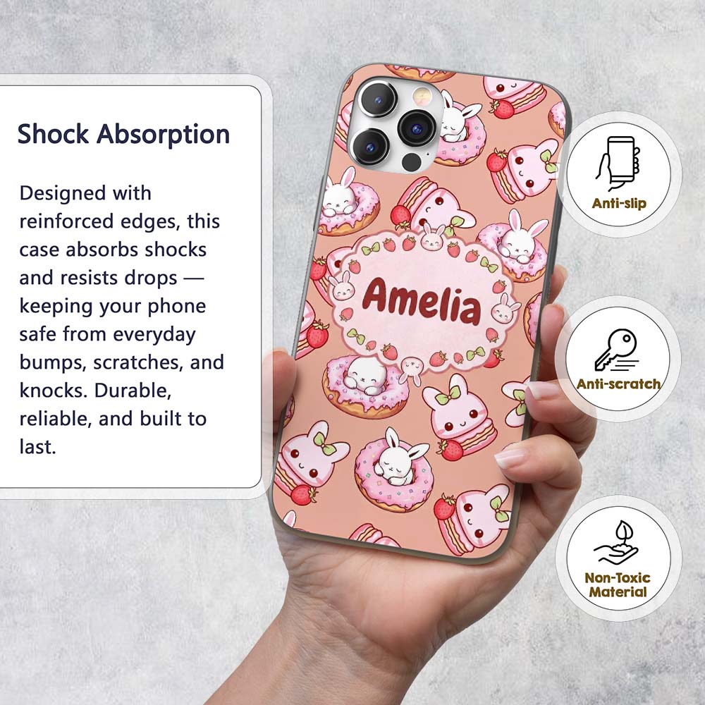 Cute Bunny Donut Strawberry Dessert Kawaii Peach Custom Name Protective Phone Case Mobile Cover Durable Everyday Smartphone Shock Resistant