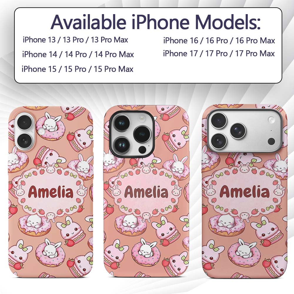 Cute Bunny Donut Strawberry Dessert Kawaii Peach Custom Name Protective Phone Case Mobile Cover Durable Everyday Smartphone Shock Resistant