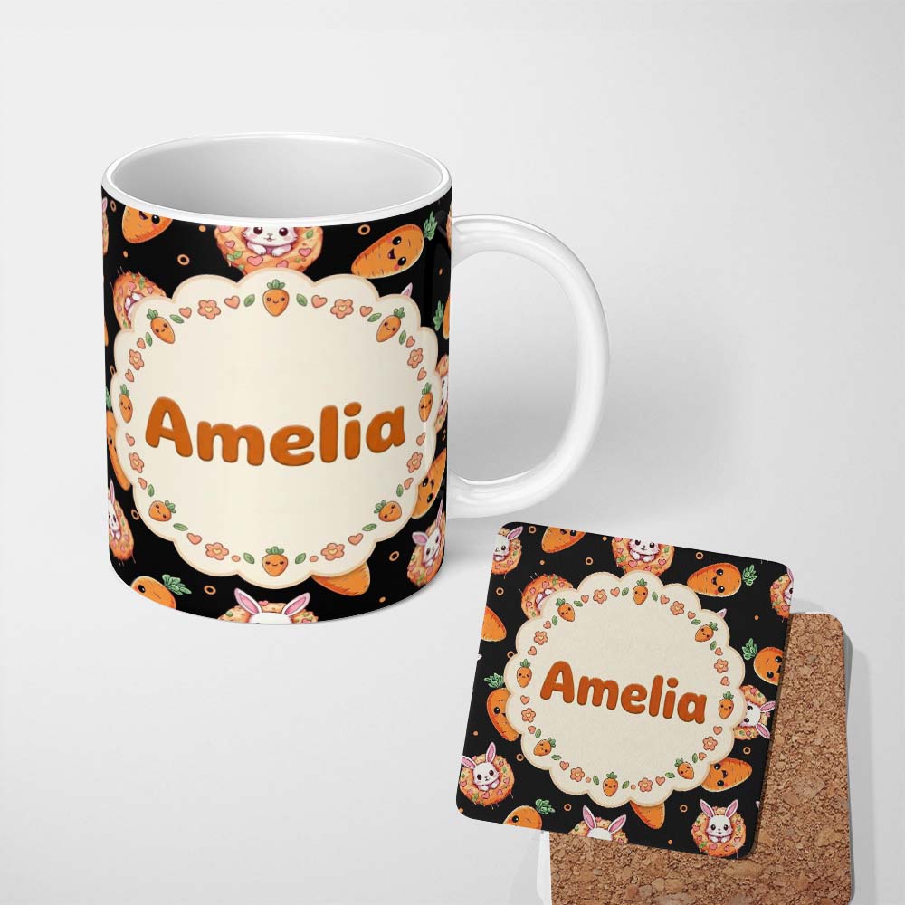 Personalized Custom Name Cute Carrot Bunny Donut Easter Dessert Black Background Seamless 11oz Ceramic Coffee Tea Mug White Large Handle