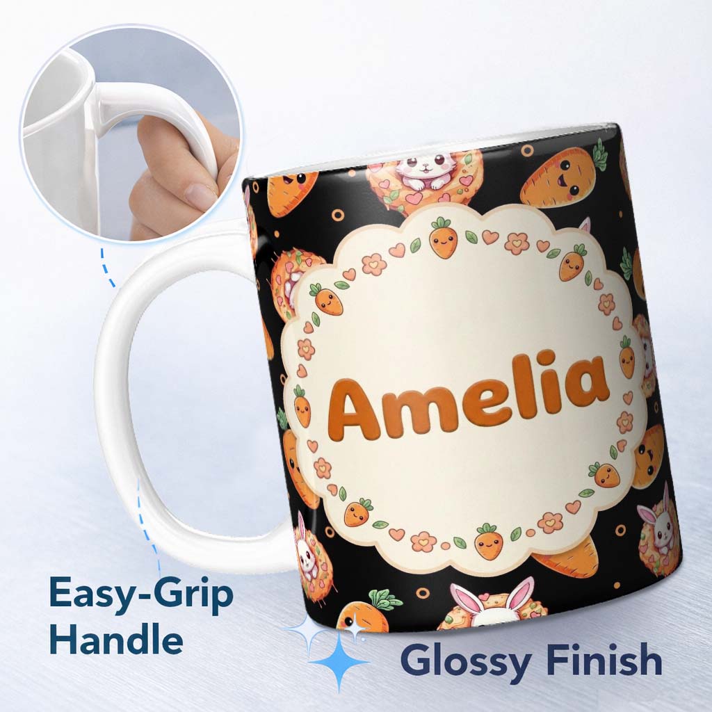 Personalized Custom Name Cute Carrot Bunny Donut Easter Dessert Black Background Seamless 11oz Ceramic Coffee Tea Mug White Large Handle