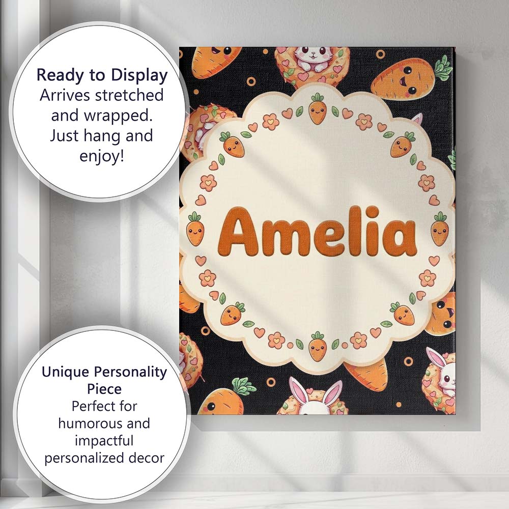 Personalised Name Cute Carrot Bunny Donut Custom Unique Gift Idea Elegant Feature Canvas Wall Art Print Decor Picture Ready to Hang