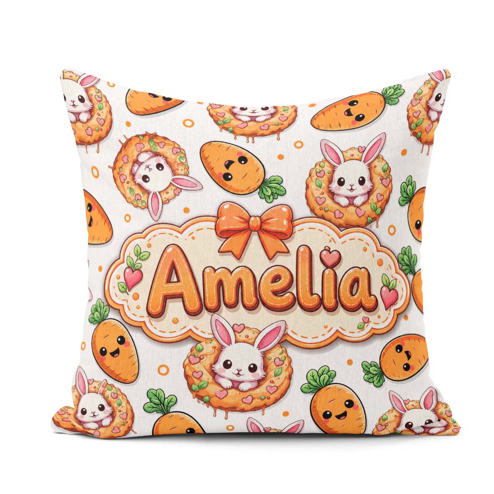 Custom Name Cute Bunny Donut Carrot Kawaii Easter Dessert Grey Square Filled Cushion Throw Pillow Sofa Bed Home Decor Zip Washable UK Made