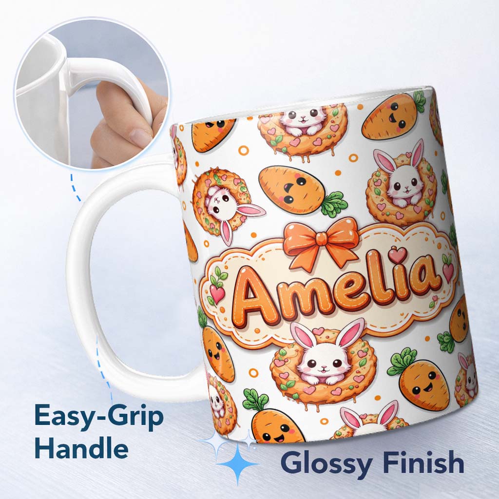 Personalized Custom Name Cute Bunny Donut Carrot Kawaii Easter Dessert Grey Background 11oz Ceramic Coffee Tea Mug White Large Handle