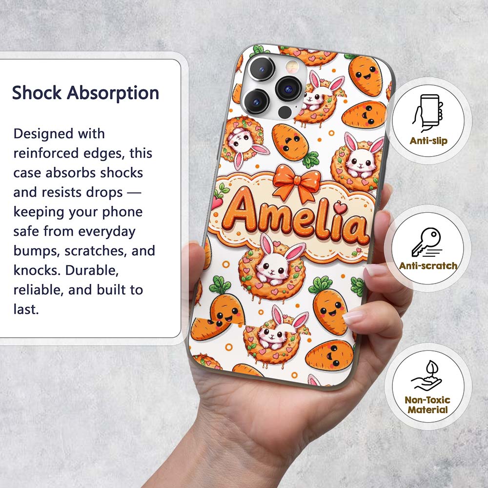 Cute Bunny Donut Carrot Kawaii Easter Dessert Custom Name Protective Phone Case Mobile Cover Durable Everyday Smartphone Shock Resistant