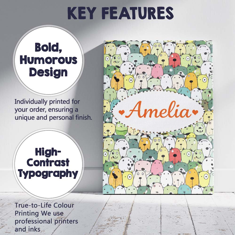 Personalised Name Cute Cartoon Dogs Crowd Multicolour Seamless Custom Modern Room Accent Canvas Wall Art Print Decor Picture Ready to Hang