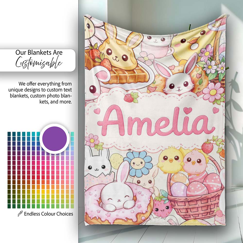 Easter Bunny Donut Basket Kawaii Pastel Cream Background Seamless Personalised Custom Name Super Soft Fleece Blanket Bed Sofa Throw