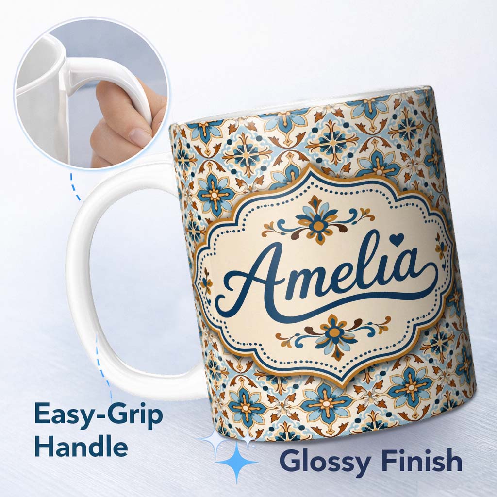Personalized Custom Name Vintage Blue and Terracotta Ornamental Tile Pattern on Cream Lovely 11oz Ceramic Coffee Tea Mug White Large Handle