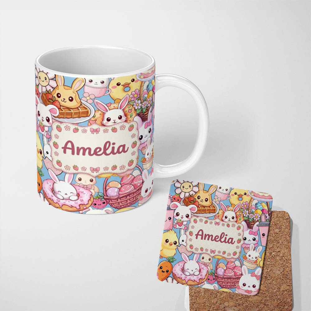 Personalized Custom Name Cute Easter Bunny Chick Donut Basket Kawaii Blue Background 11oz Ceramic Coffee Tea Mug White Large Handle