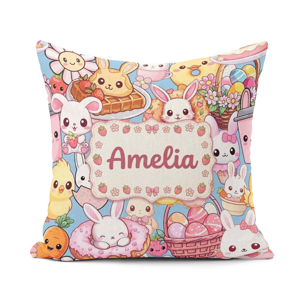 Custom Name Cute Easter Bunny Chick Donut Basket Blue Background Square Filled Cushion Throw Pillow Sofa Bed Home Decor Zip Washable UK Made