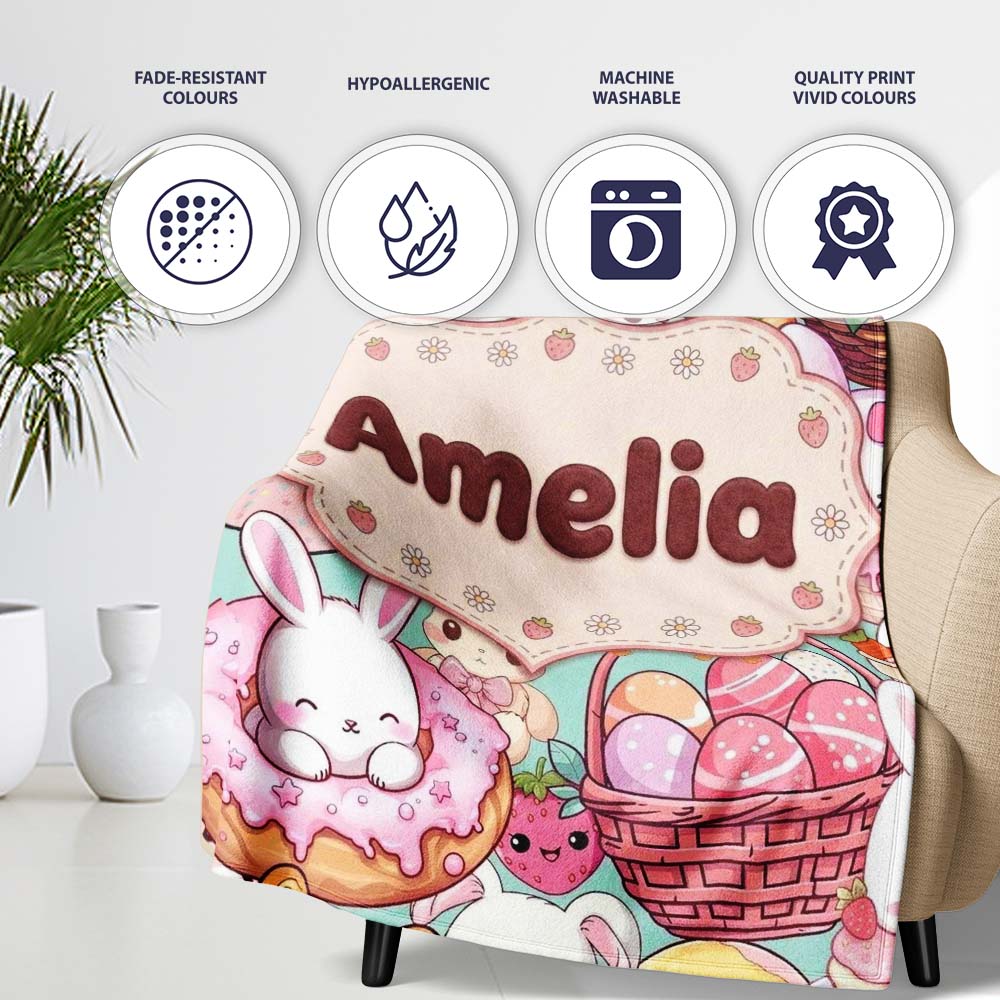 Cute Easter Bunny Chick Donut Basket Kawaii Mint Background Personalised Custom Name Super Soft Fleece Blanket Bed Sofa Throw