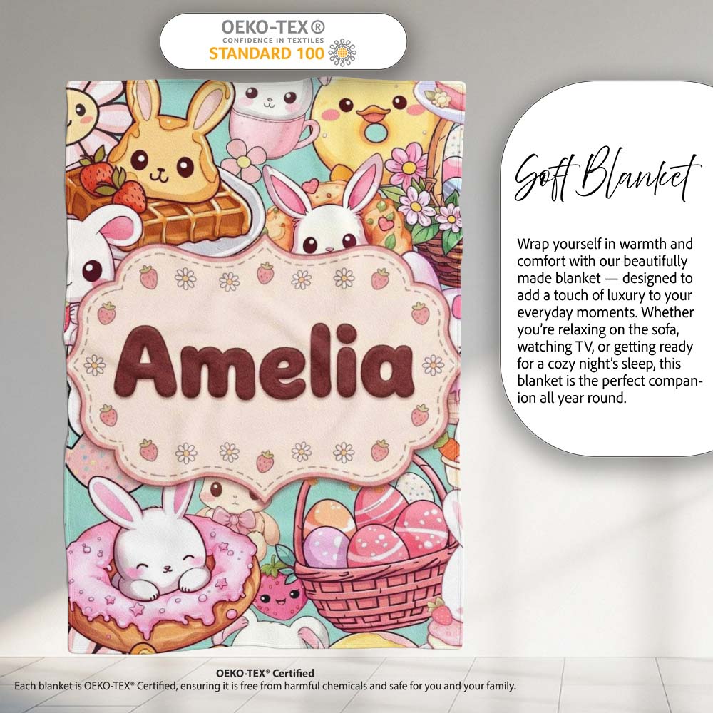 Cute Easter Bunny Chick Donut Basket Kawaii Mint Background Personalised Custom Name Super Soft Fleece Blanket Bed Sofa Throw