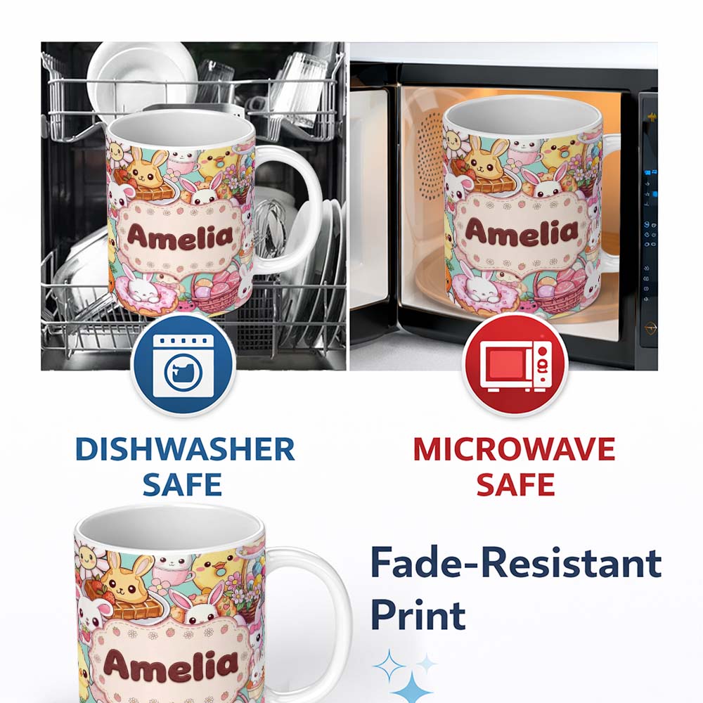Personalized Custom Name Cute Easter Bunny Chick Donut Basket Kawaii Mint Background 11oz Ceramic Coffee Tea Mug White Large Handle