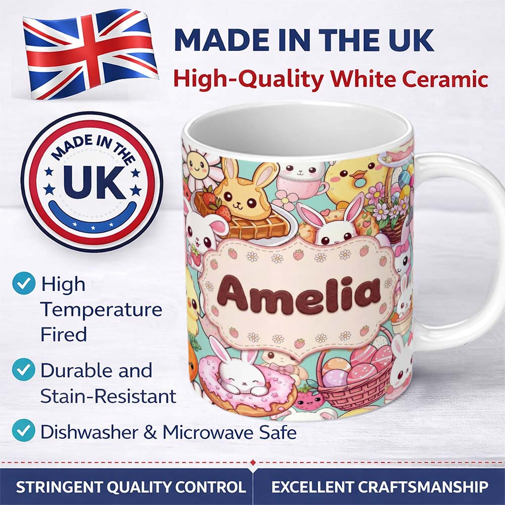Personalized Custom Name Cute Easter Bunny Chick Donut Basket Kawaii Mint Background 11oz Ceramic Coffee Tea Mug White Large Handle
