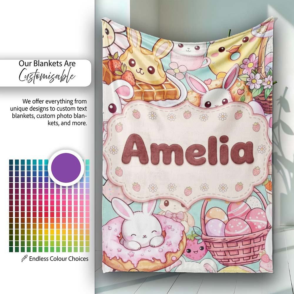 Cute Easter Bunny Chick Donut Basket Kawaii Mint Background Personalised Custom Name Super Soft Fleece Blanket Bed Sofa Throw