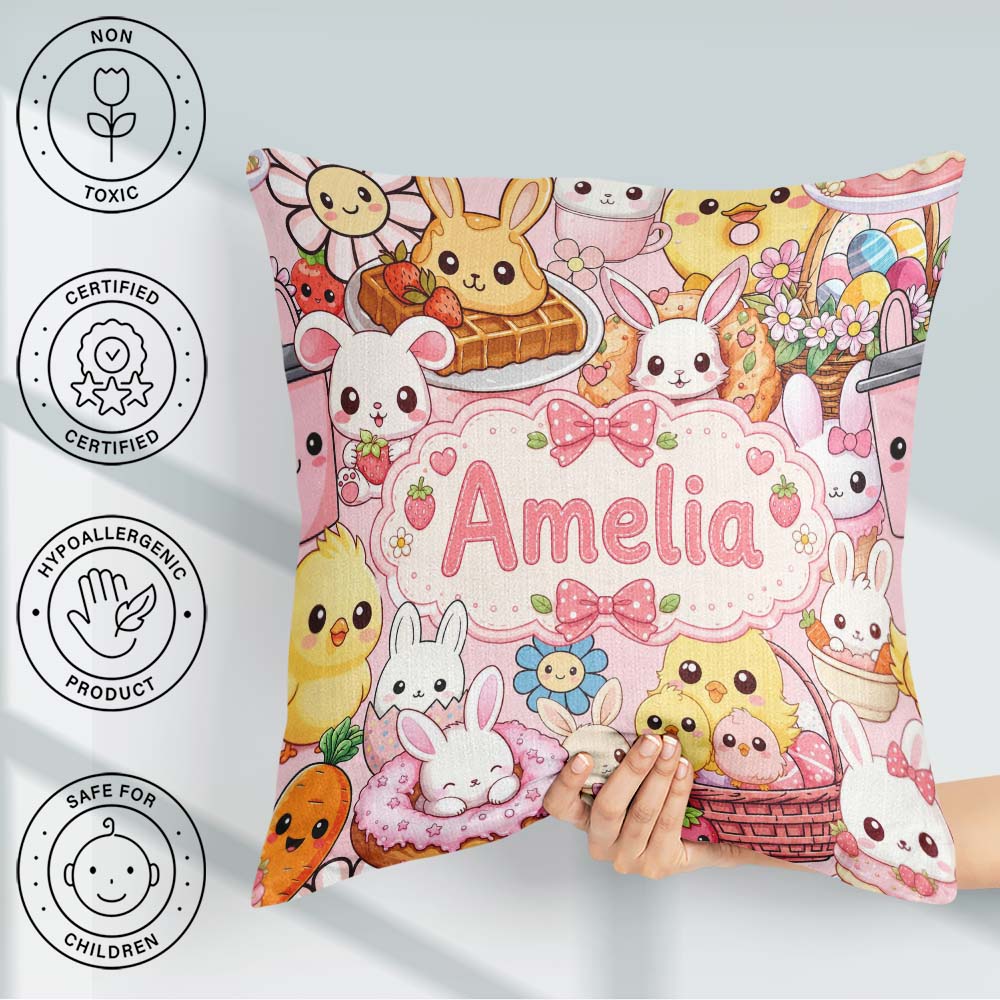 Custom Name Cute Easter Bunny Chick Donut Basket Pink Background Square Filled Cushion Throw Pillow Sofa Bed Home Decor Zip Washable UK Made