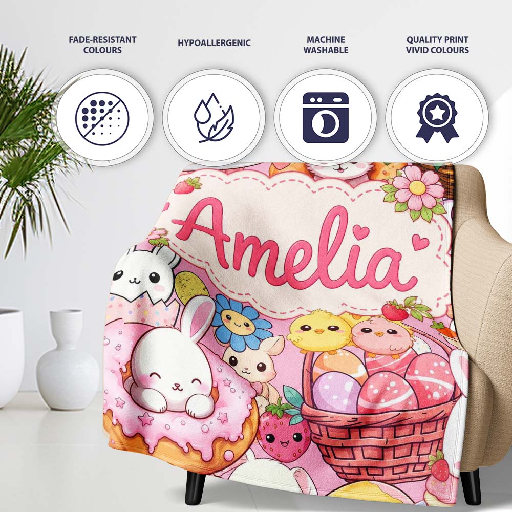 Cute Easter Bunny Chick Donut Basket Pink Background Seamless Personalised Custom Name Super Soft Fleece Blanket Bed Sofa Throw